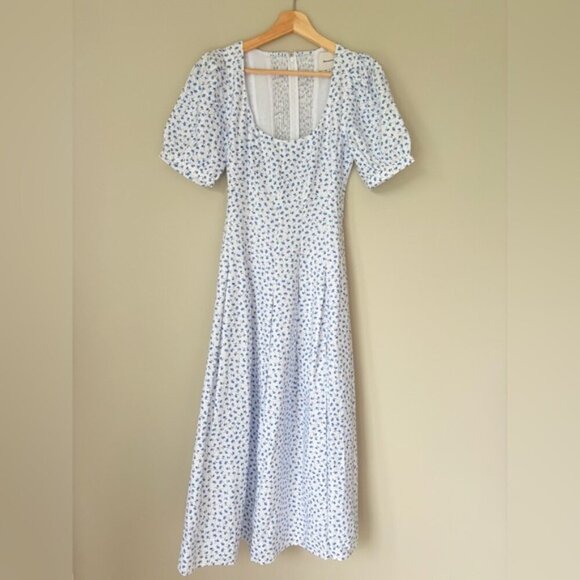 NEW Reformation Coucou Midi Linen Dress Hanna White Blue Floral | US 2 UK 6 - Picture 8 of 15